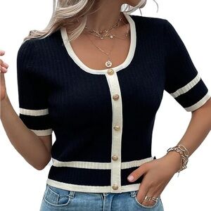 Knit Mix Black White Trim Ribbed Button Minimalist Simplistic Sweater Size S